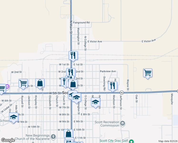map of restaurants, bars, coffee shops, grocery stores, and more near 351 East 2nd Street in Scott City