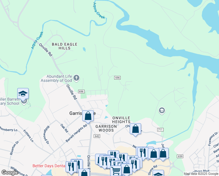 map of restaurants, bars, coffee shops, grocery stores, and more near 76 Ebenezer Church Road in Stafford
