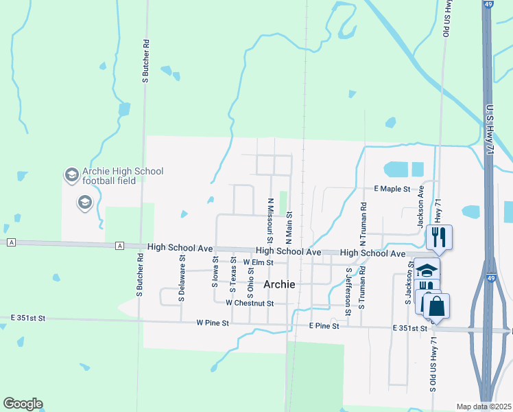 map of restaurants, bars, coffee shops, grocery stores, and more near 203 North Ohio Street in Archie