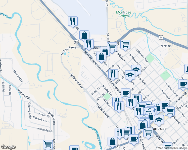 map of restaurants, bars, coffee shops, grocery stores, and more near 991 North Selig Avenue in Montrose