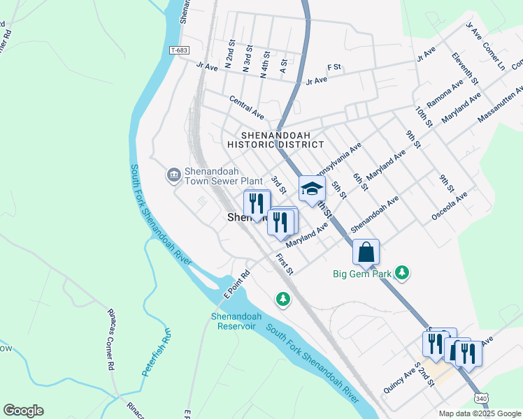 map of restaurants, bars, coffee shops, grocery stores, and more near 121 Pennsylvania Avenue in Shenandoah