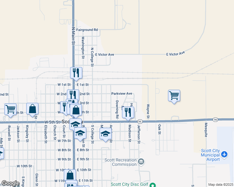 map of restaurants, bars, coffee shops, grocery stores, and more near 576 Parkview Avenue in Scott City