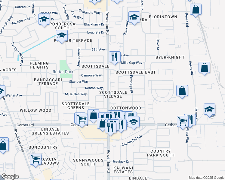 map of restaurants, bars, coffee shops, grocery stores, and more near 7459 Power Inn Road in Sacramento