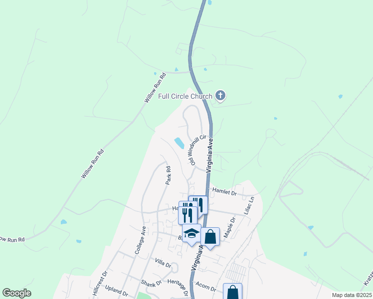 map of restaurants, bars, coffee shops, grocery stores, and more near 1253 Old Windmill Circle in Harrisonburg