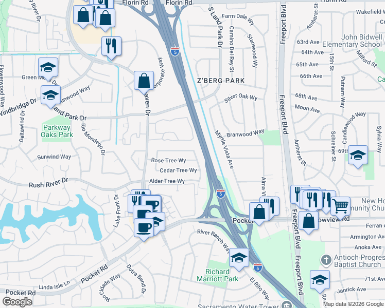 map of restaurants, bars, coffee shops, grocery stores, and more near 1234 Spruce Tree Circle in Sacramento