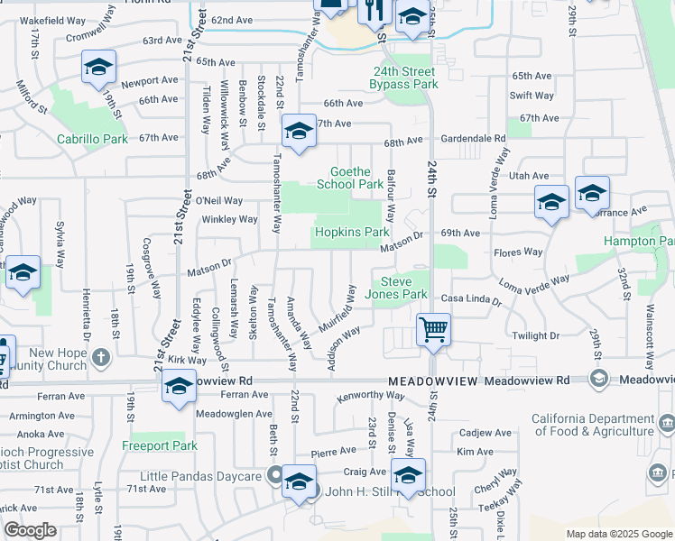 map of restaurants, bars, coffee shops, grocery stores, and more near 7513 Brownwood Way in Sacramento