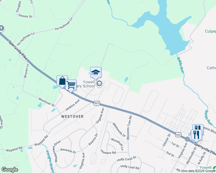 map of restaurants, bars, coffee shops, grocery stores, and more near 1105 Oakmont Court in Culpeper
