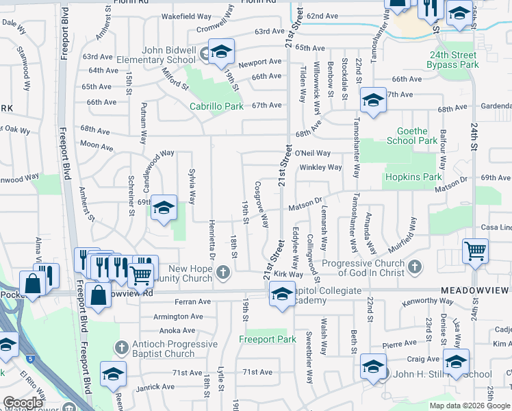 map of restaurants, bars, coffee shops, grocery stores, and more near 7486 Cosgrove Way in Sacramento