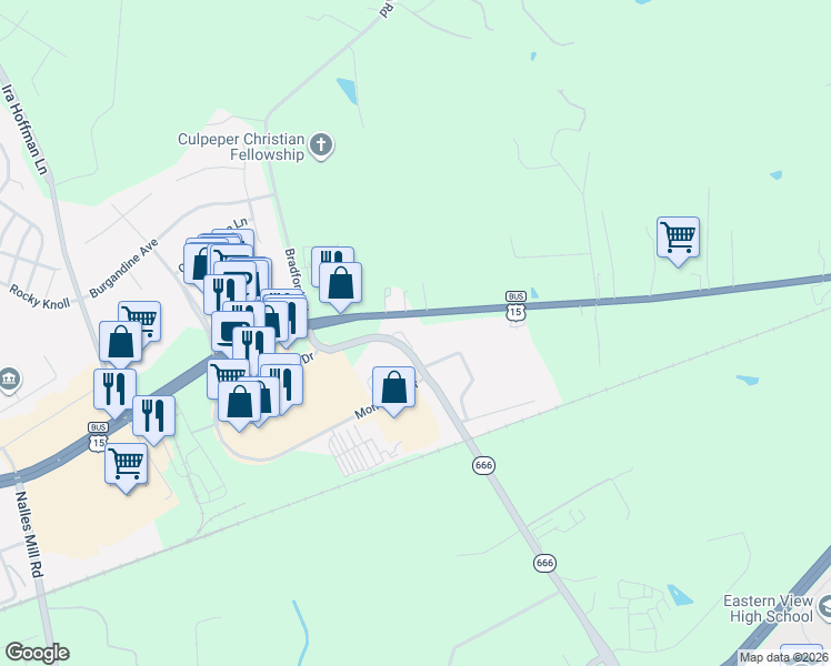 map of restaurants, bars, coffee shops, grocery stores, and more near 15432 Brandy Road in Culpeper