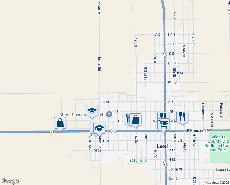 map of restaurants, bars, coffee shops, grocery stores, and more near 580 Kansas 96 in Leoti