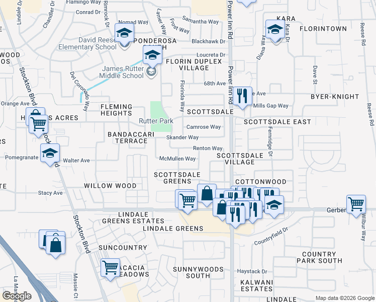 map of restaurants, bars, coffee shops, grocery stores, and more near 7704 Renton Way in Sacramento