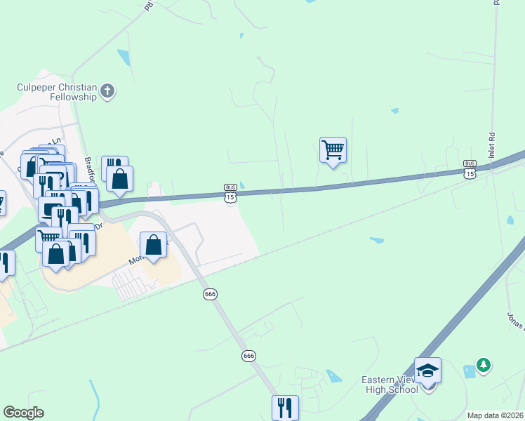 map of restaurants, bars, coffee shops, grocery stores, and more near 16090 Brandy Road in Culpeper