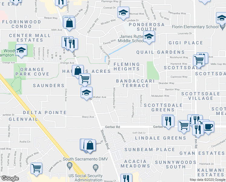 map of restaurants, bars, coffee shops, grocery stores, and more near 7028 Glen Rachael Court in Sacramento