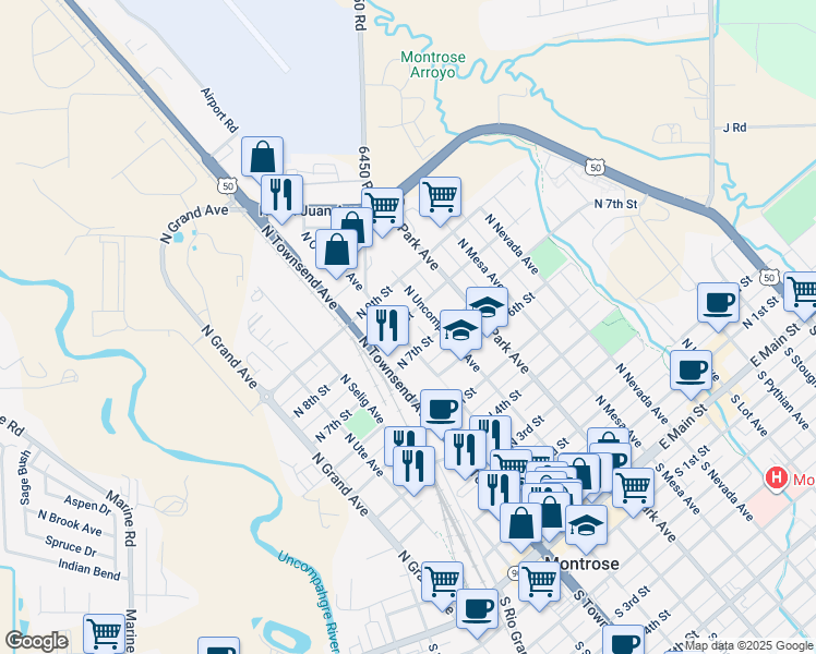 map of restaurants, bars, coffee shops, grocery stores, and more near 700 North Cascade Avenue in Montrose