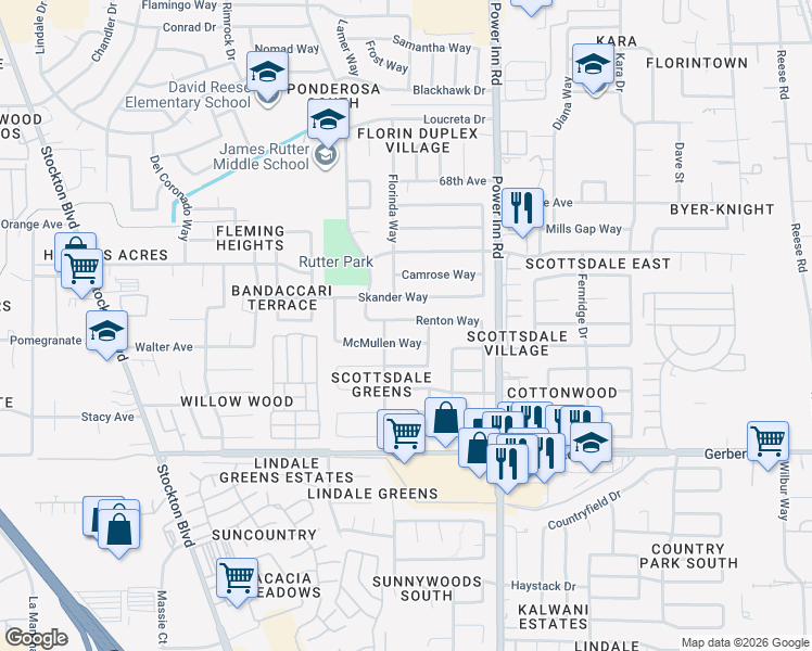 map of restaurants, bars, coffee shops, grocery stores, and more near 7704 Renton Way in Sacramento