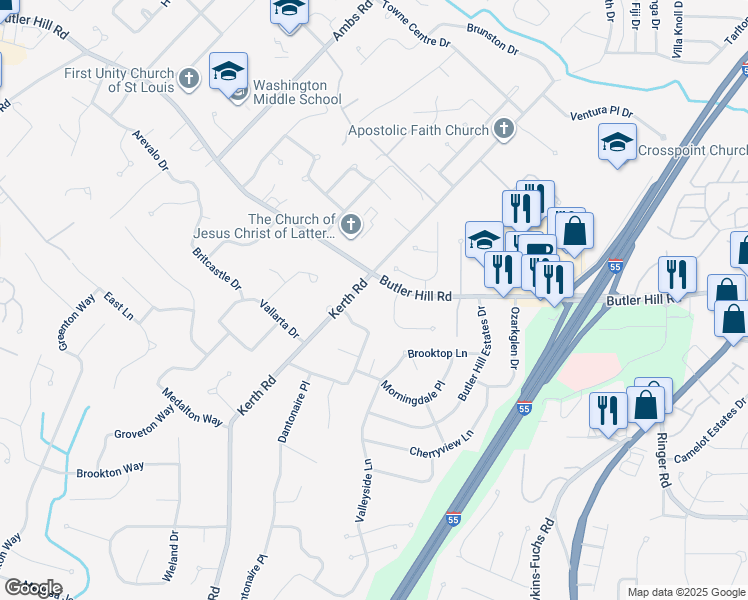 map of restaurants, bars, coffee shops, grocery stores, and more near 4474 Butler Hill Road in St. Louis