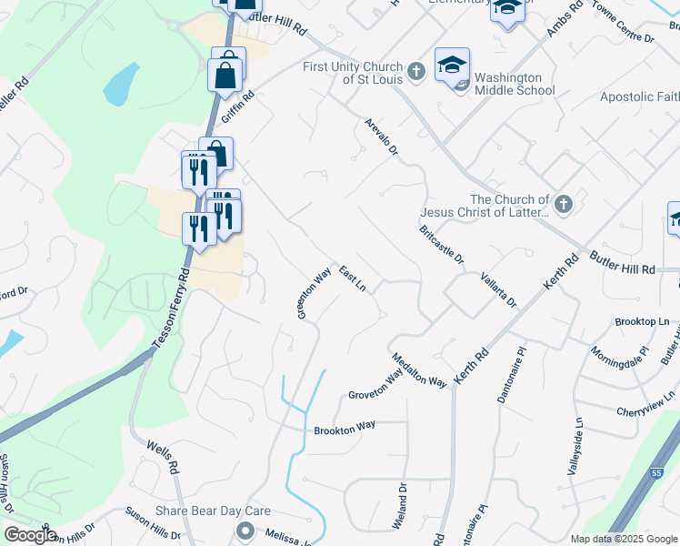 map of restaurants, bars, coffee shops, grocery stores, and more near 13307 East Lane in St. Louis