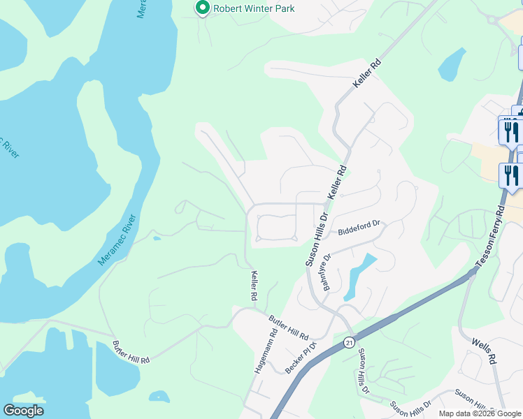 map of restaurants, bars, coffee shops, grocery stores, and more near 5868 Hightower Drive in St. Louis
