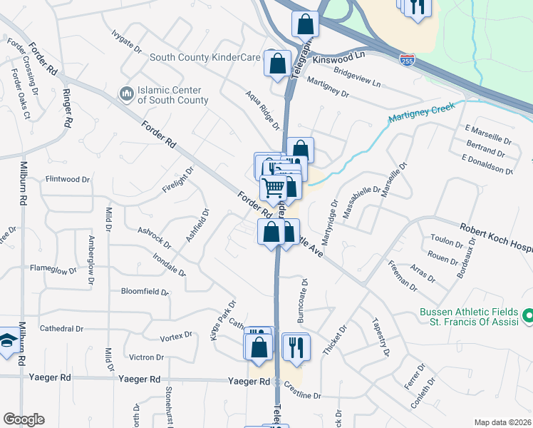 map of restaurants, bars, coffee shops, grocery stores, and more near 336 Forder Road in St. Louis