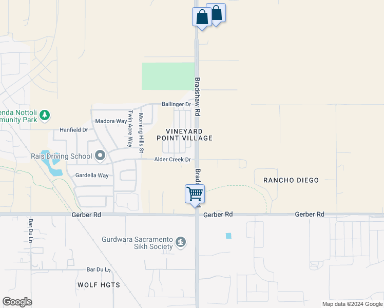 map of restaurants, bars, coffee shops, grocery stores, and more near 7490 Bradshaw Road in Sacramento