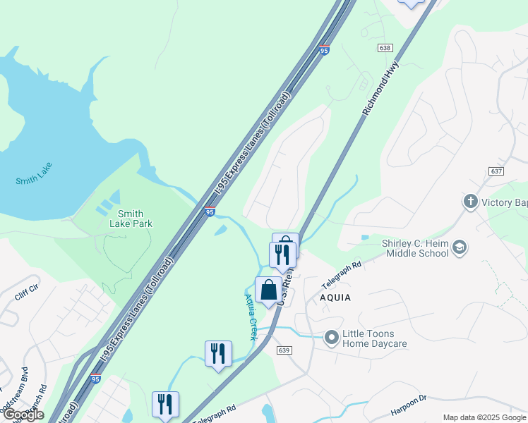 map of restaurants, bars, coffee shops, grocery stores, and more near 207 Potomac Hills Drive in Stafford