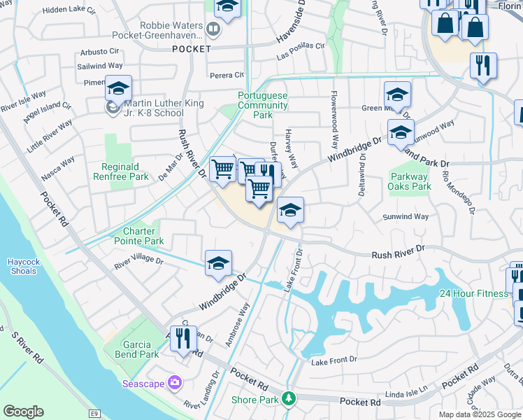 map of restaurants, bars, coffee shops, grocery stores, and more near 7485 Rush River Drive in Sacramento