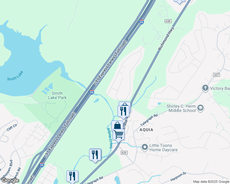 map of restaurants, bars, coffee shops, grocery stores, and more near 207 Potomac Hills Drive in Stafford