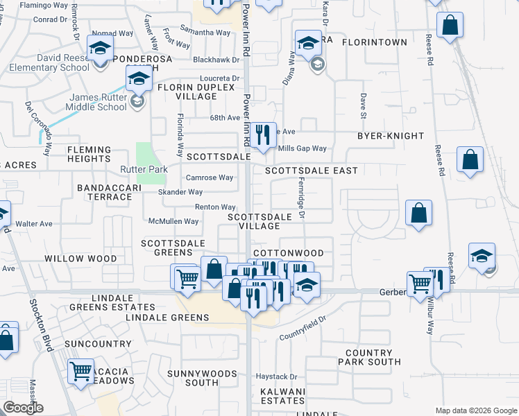map of restaurants, bars, coffee shops, grocery stores, and more near 7455 Power Inn Road in Sacramento