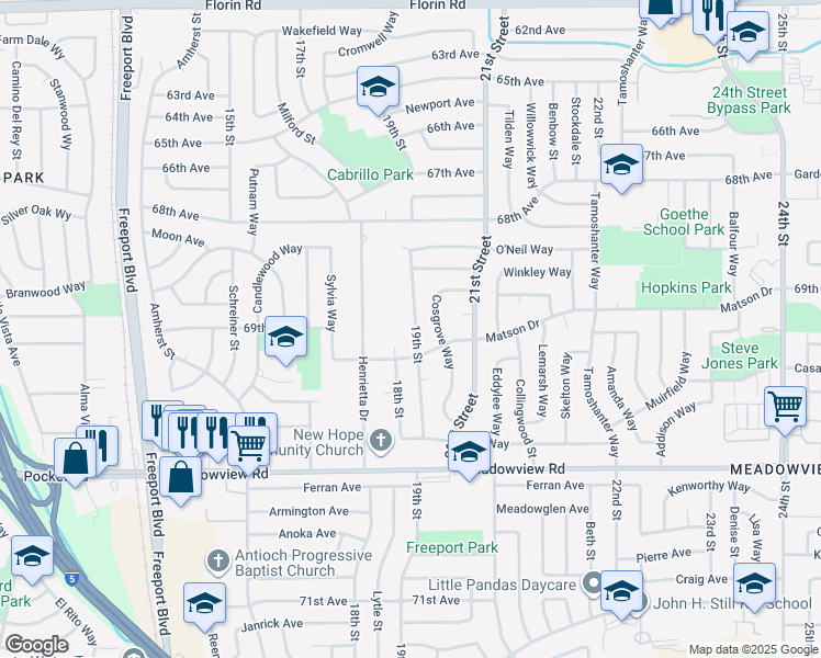 map of restaurants, bars, coffee shops, grocery stores, and more near 7474 19th Street in Sacramento