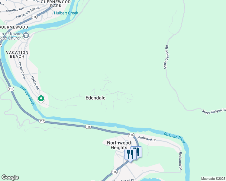 map of restaurants, bars, coffee shops, grocery stores, and more near 18365 Neeley Road in Guerneville