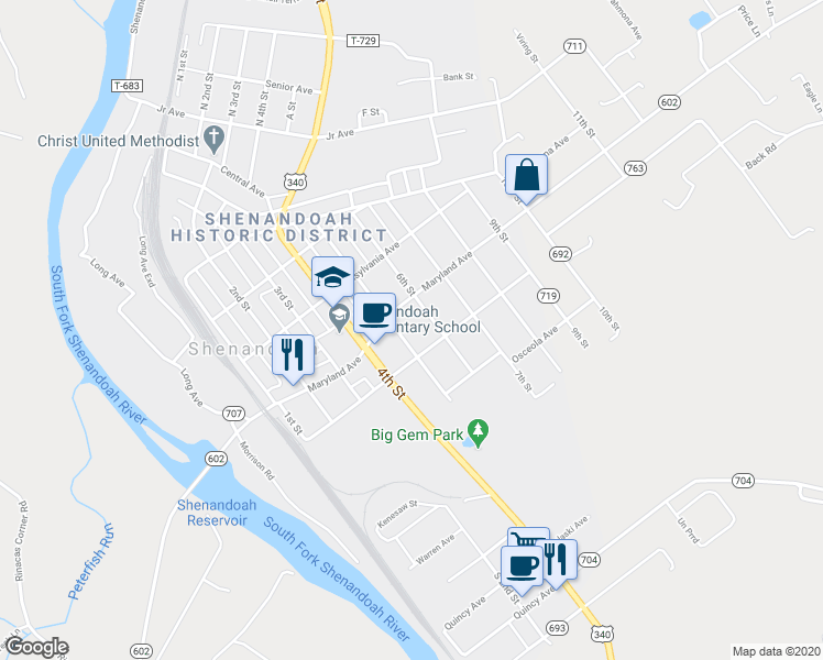 map of restaurants, bars, coffee shops, grocery stores, and more near 612 5th Street in Shenandoah