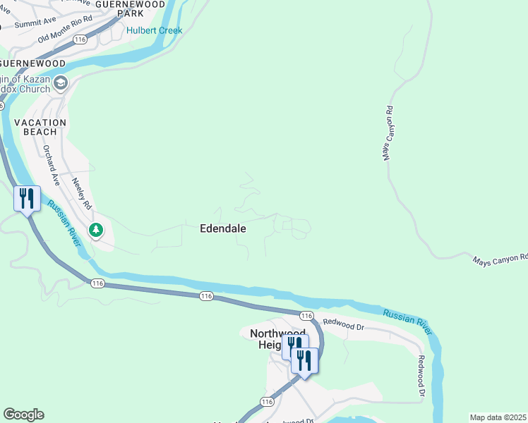 map of restaurants, bars, coffee shops, grocery stores, and more near 18365 Neeley Road in Guerneville