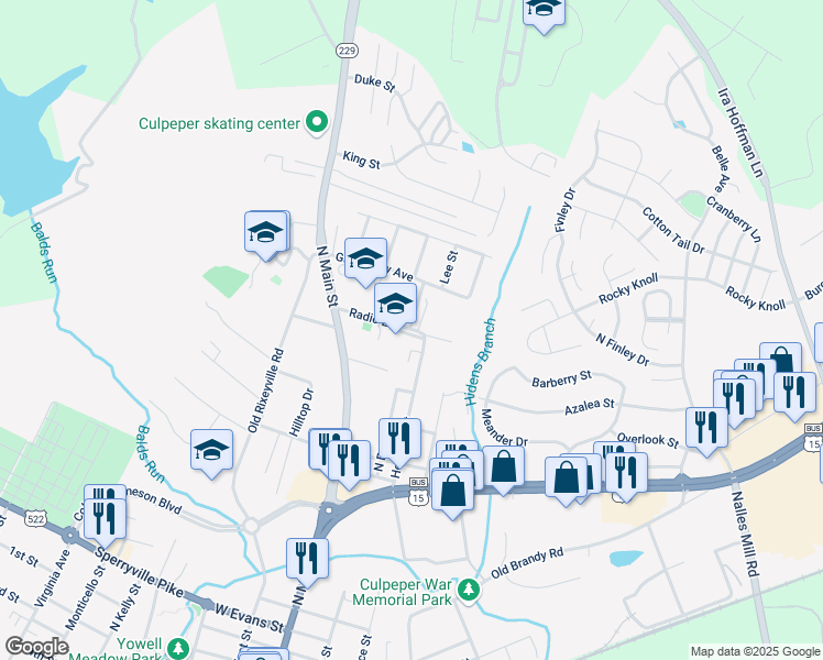 map of restaurants, bars, coffee shops, grocery stores, and more near 451 Radio Lane in Culpeper