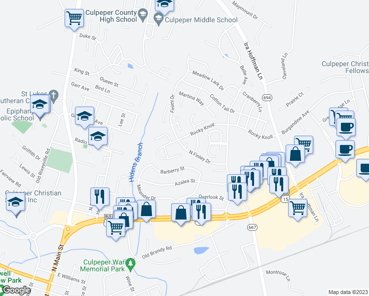 map of restaurants, bars, coffee shops, grocery stores, and more near 604 Lonetree Court in Culpeper