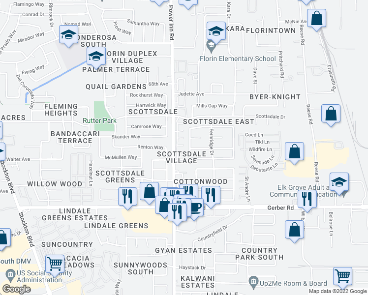 map of restaurants, bars, coffee shops, grocery stores, and more near 7457 Power Inn Road in Sacramento