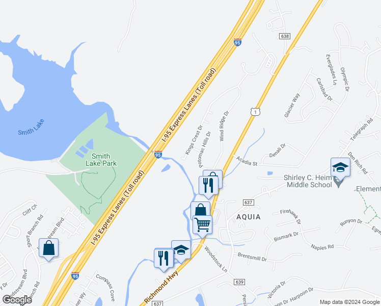 map of restaurants, bars, coffee shops, grocery stores, and more near 1209 Kings Crest Drive in Stafford