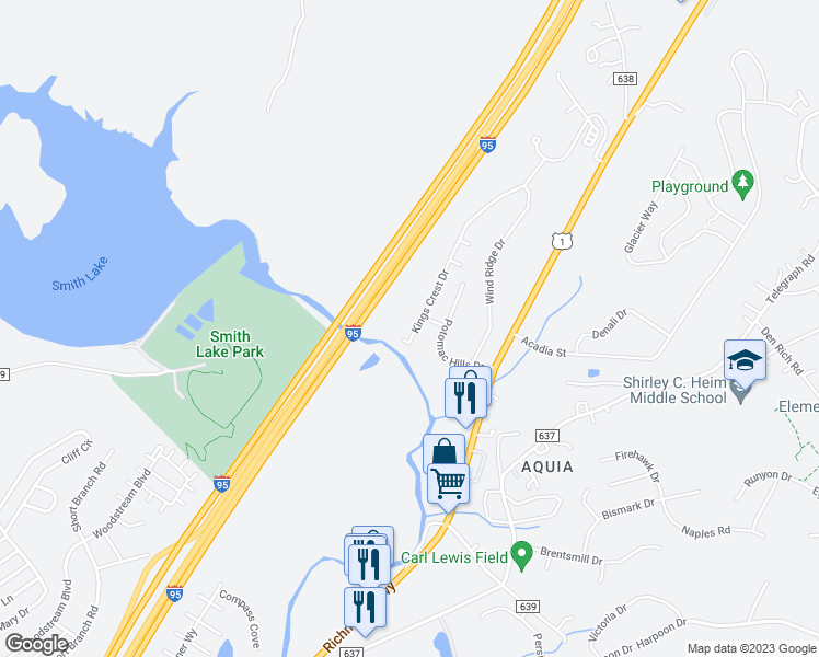 map of restaurants, bars, coffee shops, grocery stores, and more near 1304 Kings Crest Drive in Stafford