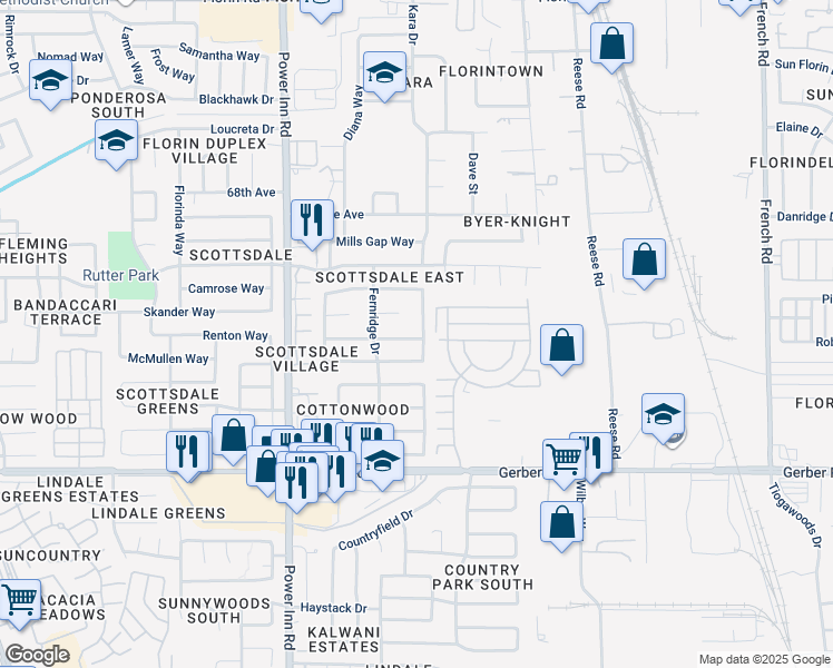 map of restaurants, bars, coffee shops, grocery stores, and more near 8186 Austell Way in Sacramento