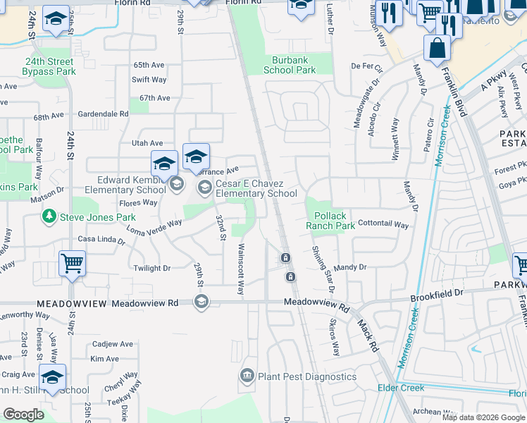 map of restaurants, bars, coffee shops, grocery stores, and more near 7530 Georgica Way in Sacramento