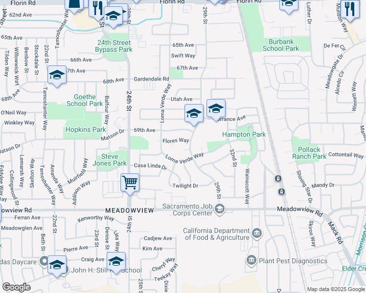 map of restaurants, bars, coffee shops, grocery stores, and more near 7520 29th Street in Sacramento