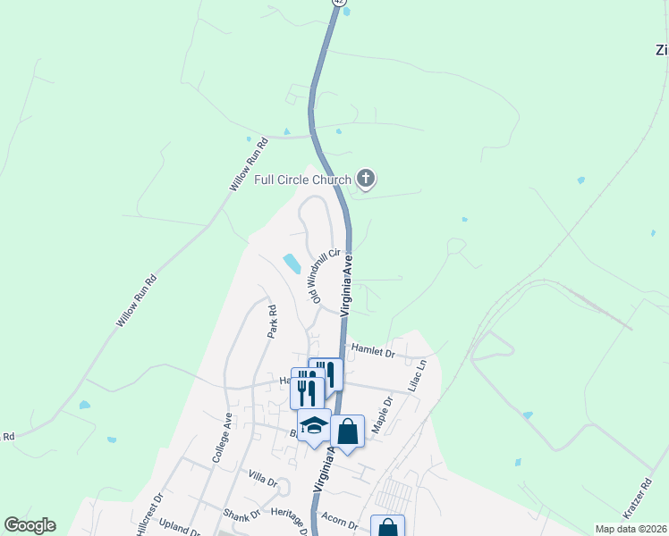 map of restaurants, bars, coffee shops, grocery stores, and more near 1328 Old Windmill Circle in Harrisonburg