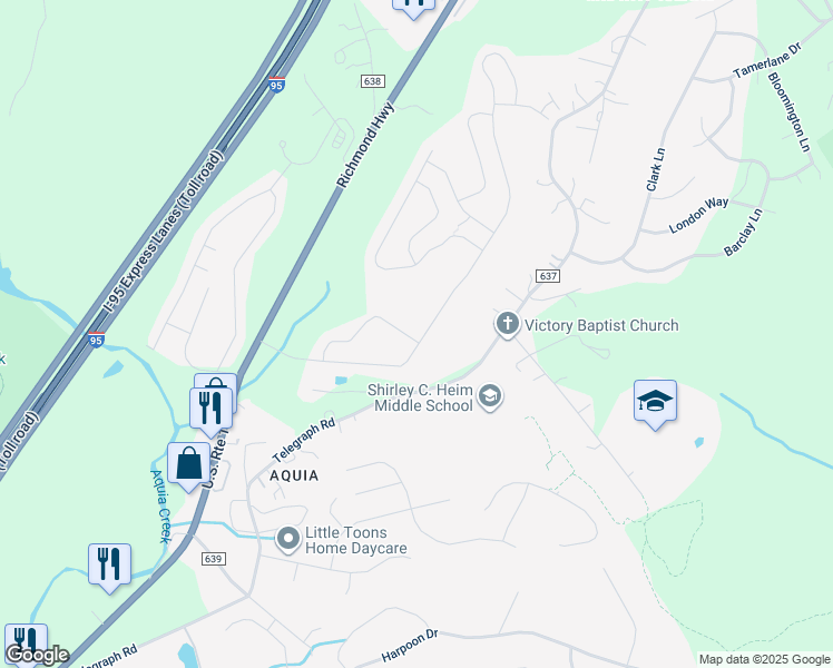 map of restaurants, bars, coffee shops, grocery stores, and more near 57 Denali Drive in Stafford