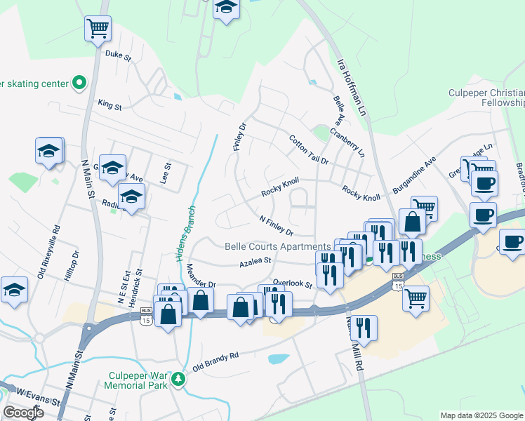 map of restaurants, bars, coffee shops, grocery stores, and more near 604 Lonetree Court in Culpeper