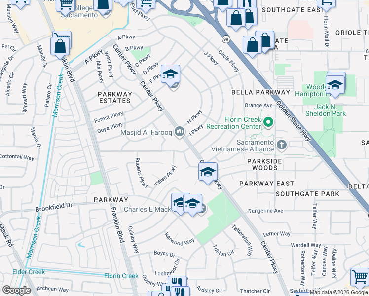 map of restaurants, bars, coffee shops, grocery stores, and more near 7504 Center Parkway in Sacramento