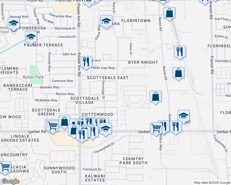 map of restaurants, bars, coffee shops, grocery stores, and more near 8186 Austell Way in Sacramento
