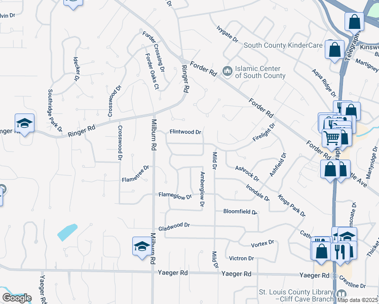 map of restaurants, bars, coffee shops, grocery stores, and more near 2825 Flamewood Drive in St. Louis