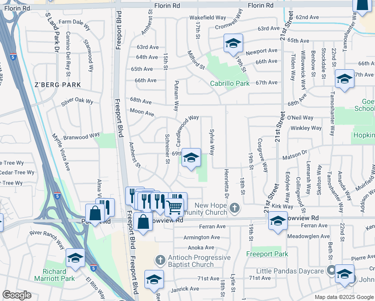 map of restaurants, bars, coffee shops, grocery stores, and more near 1597 69th Avenue in Sacramento