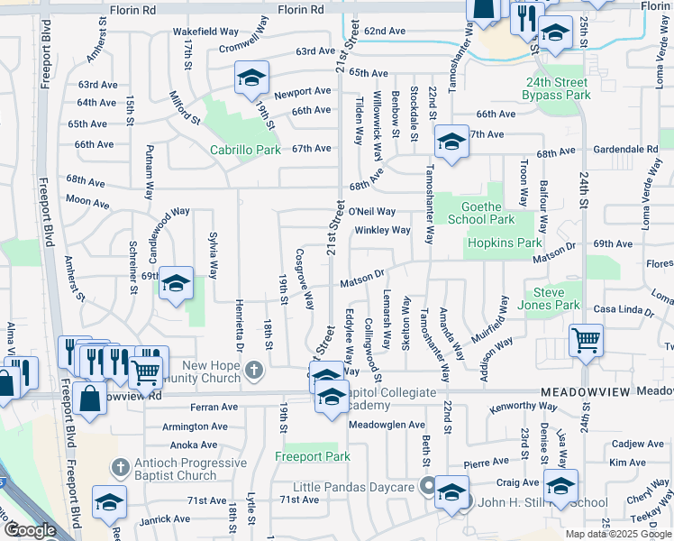 map of restaurants, bars, coffee shops, grocery stores, and more near 7485 21st Street in Sacramento
