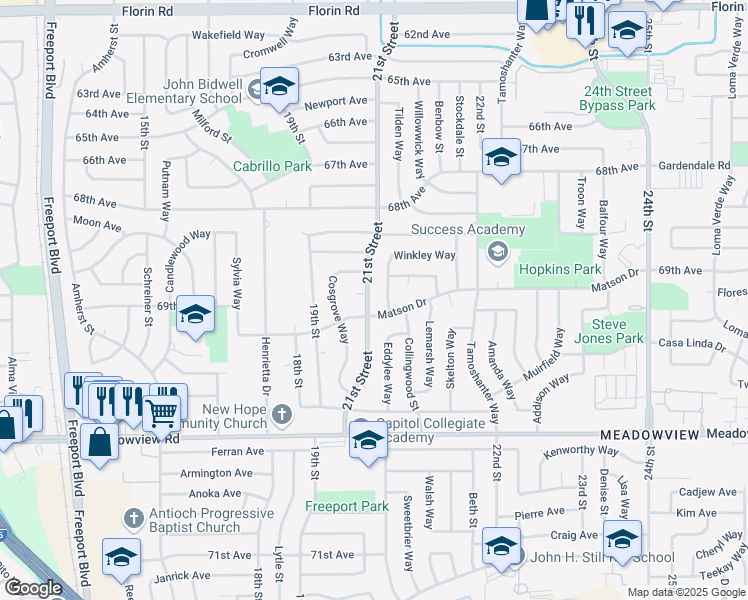 map of restaurants, bars, coffee shops, grocery stores, and more near 7485 21st Street in Sacramento