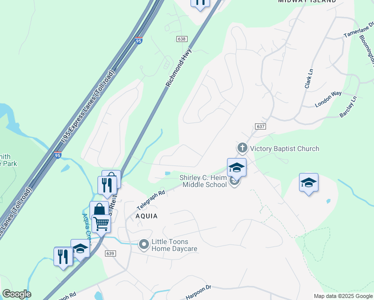 map of restaurants, bars, coffee shops, grocery stores, and more near 44 Denali Drive in Stafford